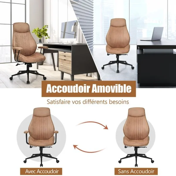 Fauteuil Bureau Tissu Suédé Hauteur Réglable 119-129 CM Dossier Inclinable 150° Accoudoirs Amovibles Marron