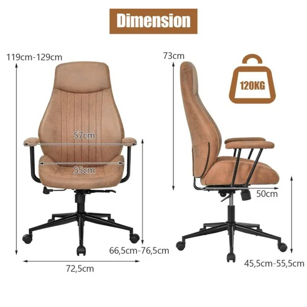 Fauteuil Bureau Tissu Suédé Hauteur Réglable 119-129 CM Dossier Inclinable 150° Accoudoirs Amovibles Marron
