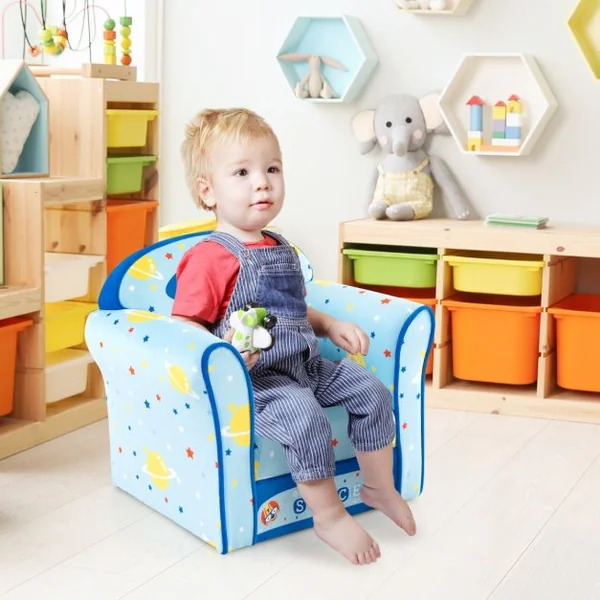 Fauteuil Bébé en Velours Cadre en Bois Patins Antidérapants Canapé Enfants 0-5 Ans Motif Fusée