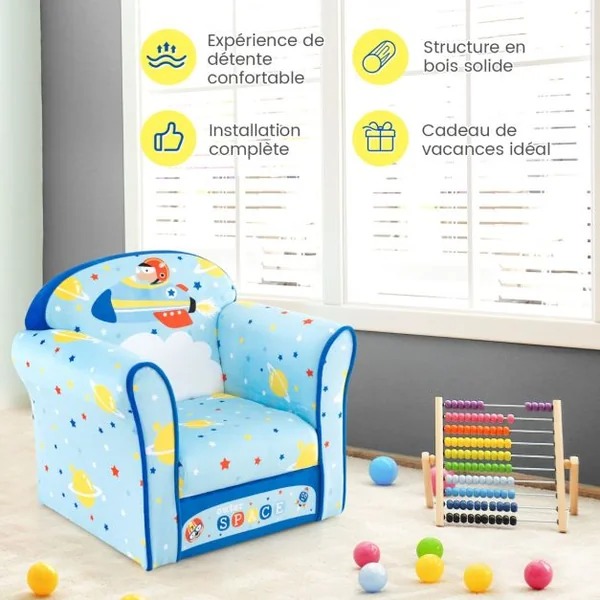 Fauteuil Bébé en Velours Cadre en Bois Patins Antidérapants Canapé Enfants 0-5 Ans Motif Fusée