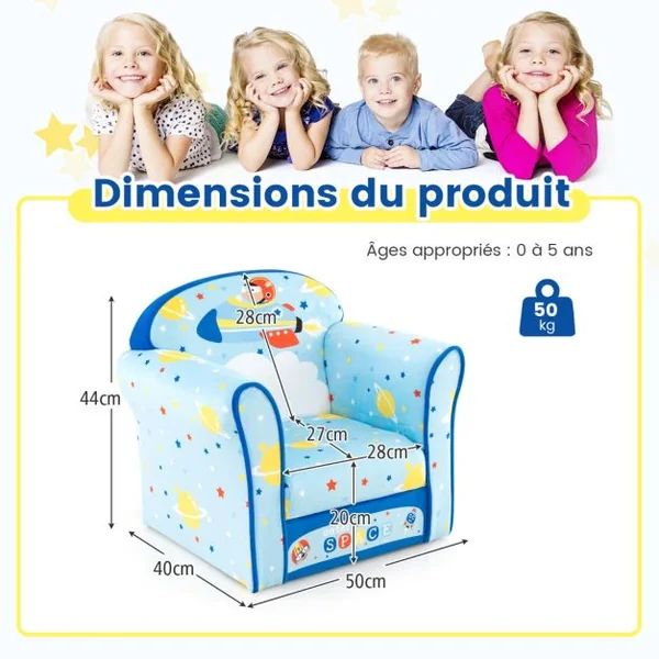Fauteuil Bébé en Velours Cadre en Bois Patins Antidérapants Canapé Enfants 0-5 Ans Motif Fusée
