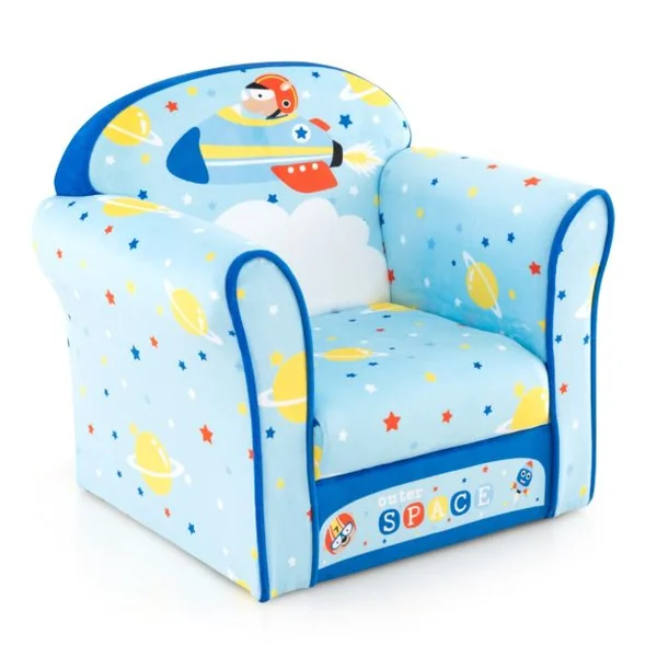 Fauteuil Bébé en Velours Cadre en Bois Patins Antidérapants Canapé Enfants 0-5 Ans Motif Fusée