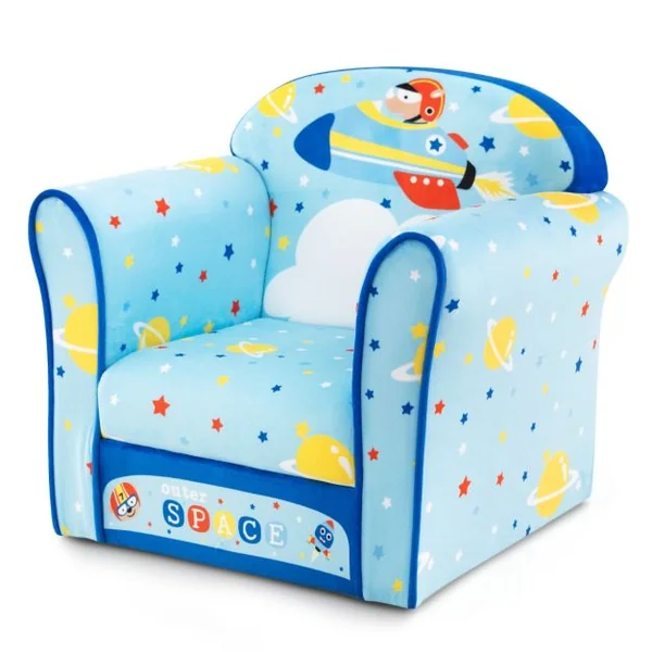 Fauteuil Bébé en Velours Cadre en Bois Patins Antidérapants Canapé Enfants 0-5 Ans Motif Fusée