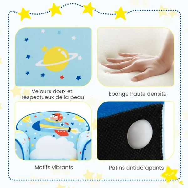 Fauteuil Bébé en Velours Cadre en Bois Patins Antidérapants Canapé Enfants 0-5 Ans Motif Fusée