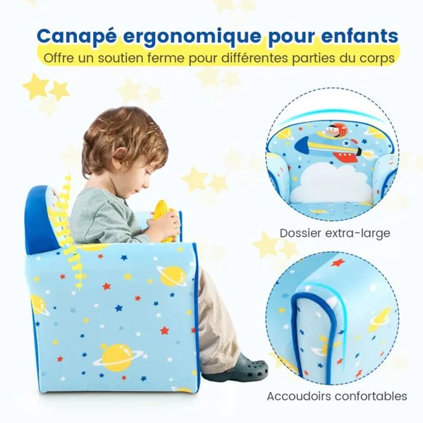 Fauteuil Bébé en Velours Cadre en Bois Patins Antidérapants Canapé Enfants 0-5 Ans Motif Fusée