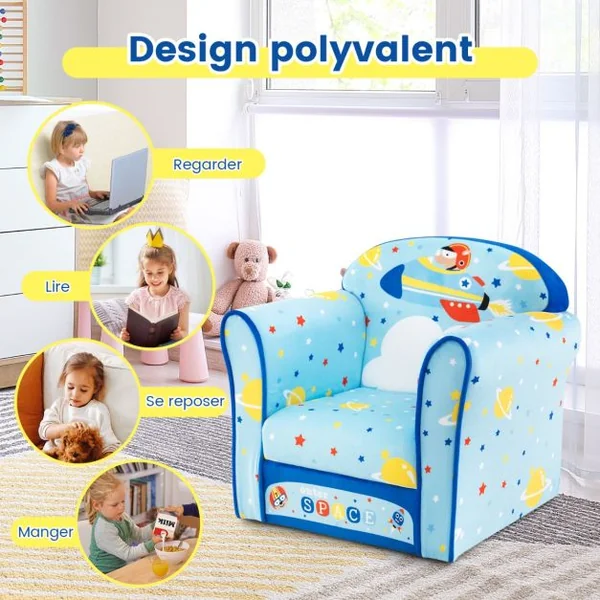 Fauteuil Bébé en Velours Cadre en Bois Patins Antidérapants Canapé Enfants 0-5 Ans Motif Fusée