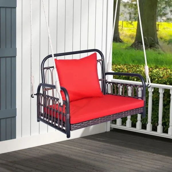 Fauteuil Chaise Suspendu en Rotin PE 2 Cordes de Suspension, Crochets Cadre en Métal Coussins Porche Jardin Rouge