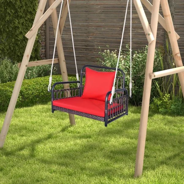 Fauteuil Chaise Suspendu en Rotin PE 2 Cordes de Suspension, Crochets Cadre en Métal Coussins Porche Jardin Rouge