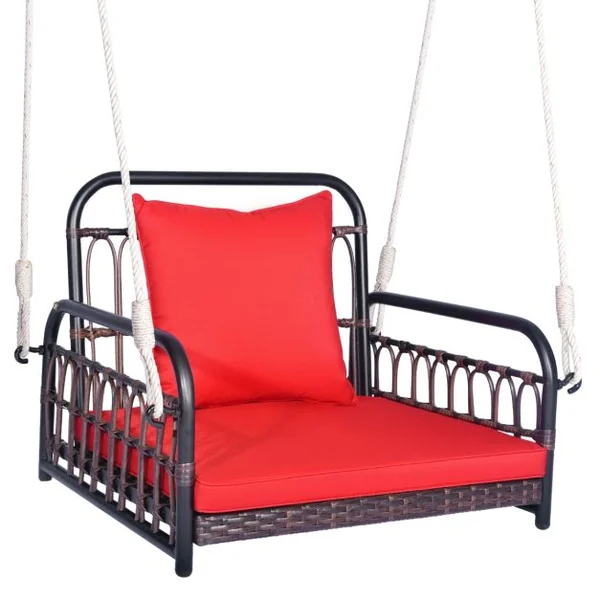 Fauteuil Chaise Suspendu en Rotin PE 2 Cordes de Suspension, Crochets Cadre en Métal Coussins Porche Jardin Rouge