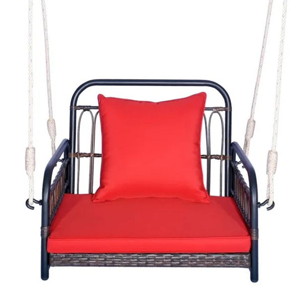 Fauteuil Chaise Suspendu en Rotin PE 2 Cordes de Suspension, Crochets Cadre en Métal Coussins Porche Jardin Rouge