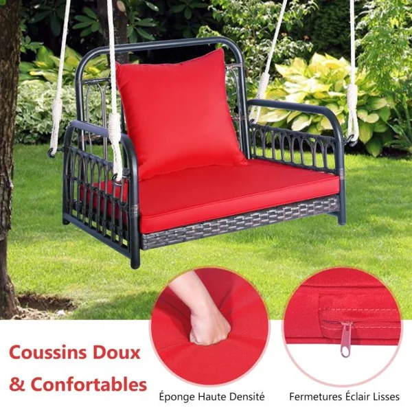Fauteuil Chaise Suspendu en Rotin PE 2 Cordes de Suspension, Crochets Cadre en Métal Coussins Porche Jardin Rouge