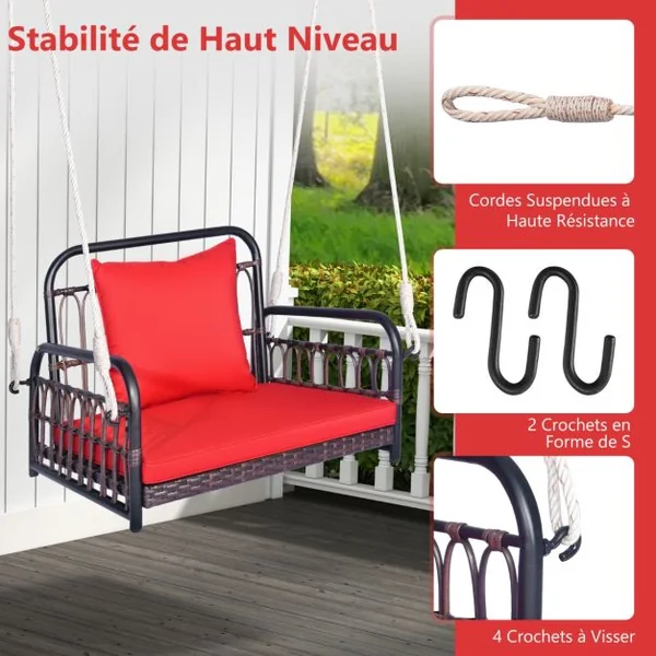 Fauteuil Chaise Suspendu en Rotin PE 2 Cordes de Suspension, Crochets Cadre en Métal Coussins Porche Jardin Rouge