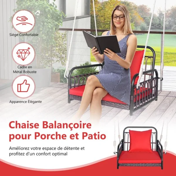 Fauteuil Chaise Suspendu en Rotin PE 2 Cordes de Suspension, Crochets Cadre en Métal Coussins Porche Jardin Rouge