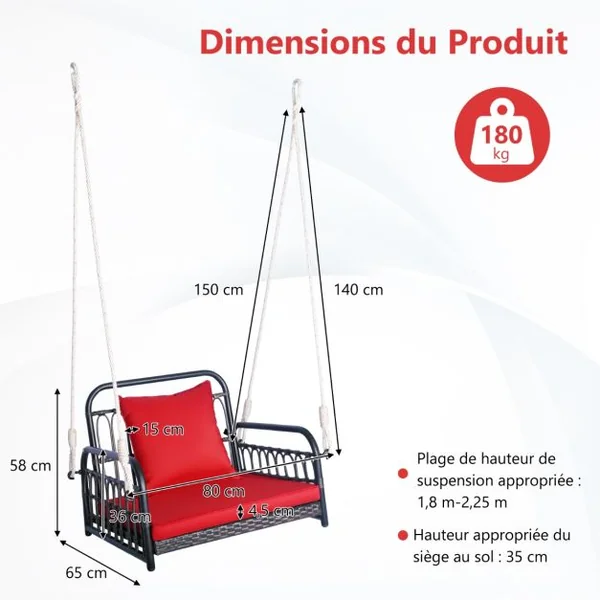 Fauteuil Chaise Suspendu en Rotin PE 2 Cordes de Suspension, Crochets Cadre en Métal Coussins Porche Jardin Rouge