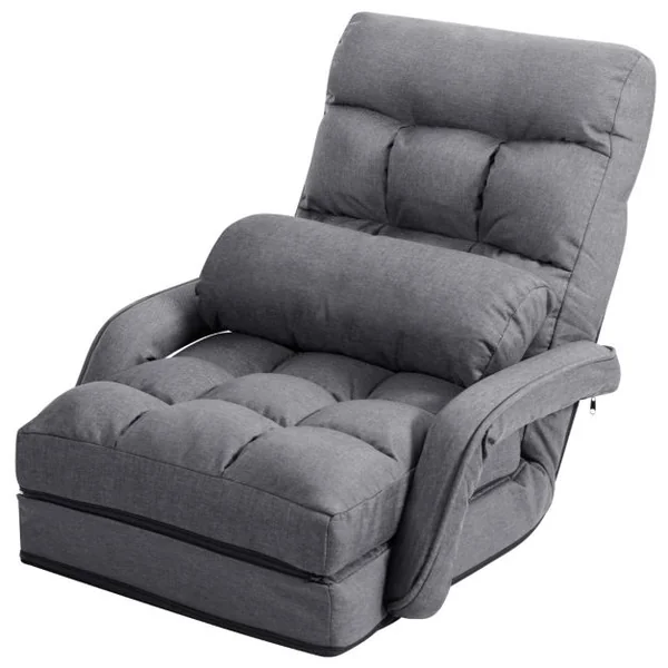 Fauteuil Convertible Chauffeuse Convertible 1 Place avec Oreiller 5 Positions en Tissu Lin Éponge 54x56x70cm Gris