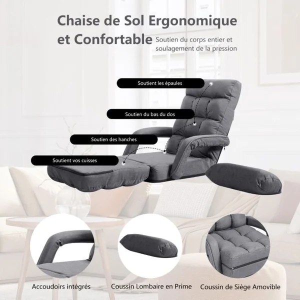 Fauteuil Convertible Chauffeuse Convertible 1 Place avec Oreiller 5 Positions en Tissu Lin Éponge 54x56x70cm Gris