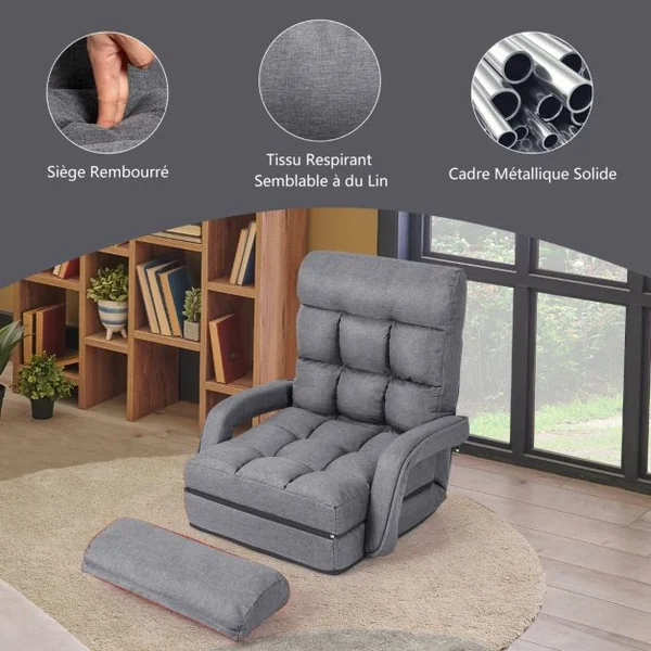 Fauteuil Convertible Chauffeuse Convertible 1 Place avec Oreiller 5 Positions en Tissu Lin Éponge 54x56x70cm Gris