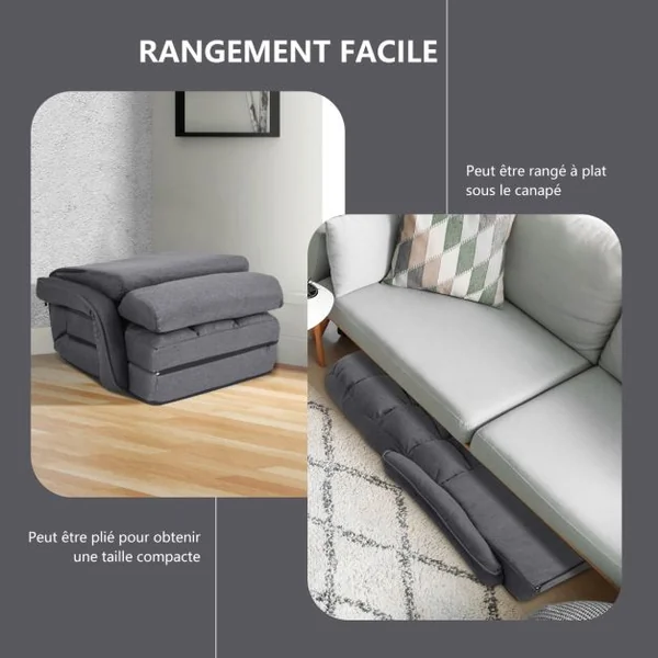 Fauteuil Convertible Chauffeuse Convertible 1 Place avec Oreiller 5 Positions en Tissu Lin Éponge 54x56x70cm Gris