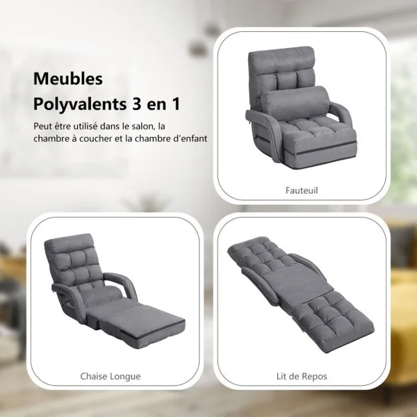 Fauteuil Convertible Chauffeuse Convertible 1 Place avec Oreiller 5 Positions en Tissu Lin Éponge 54x56x70cm Gris