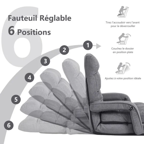 Fauteuil Convertible Chauffeuse Convertible 1 Place avec Oreiller 5 Positions en Tissu Lin Éponge 54x56x70cm Gris