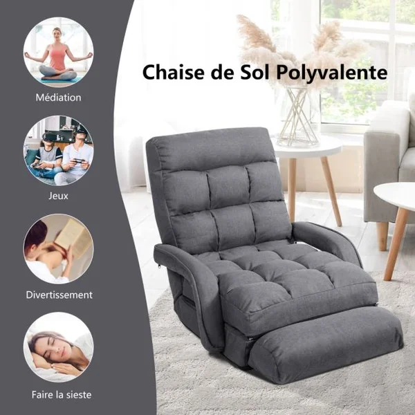 Fauteuil Convertible Chauffeuse Convertible 1 Place avec Oreiller 5 Positions en Tissu Lin Éponge 54x56x70cm Gris