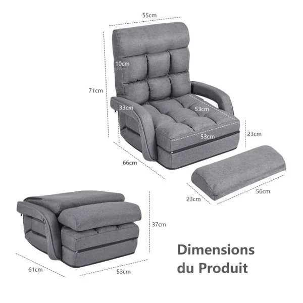 Fauteuil Convertible Chauffeuse Convertible 1 Place avec Oreiller 5 Positions en Tissu Lin Éponge 54x56x70cm Gris