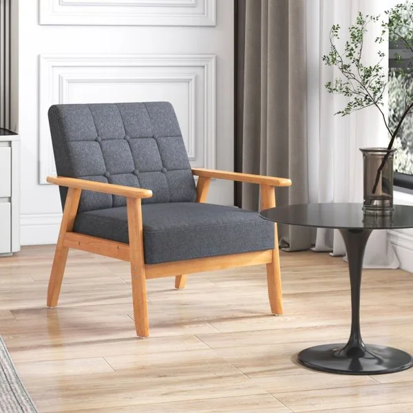 Fauteuil d'Accent Moderne du Milieu du Siècle Fauteuil Rembourré Boutonné avec Tissu en Lin Respirant & Cadre en Bois Massif de Hévéa Gris