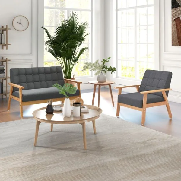 Fauteuil d'Accent Moderne du Milieu du Siècle Fauteuil Rembourré Boutonné avec Tissu en Lin Respirant & Cadre en Bois Massif de Hévéa Gris
