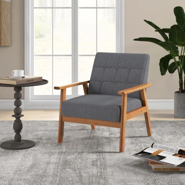 Fauteuil d'Accent Moderne du Milieu du Siècle Fauteuil Rembourré Boutonné avec Tissu en Lin Respirant & Cadre en Bois Massif de Hévéa Gris