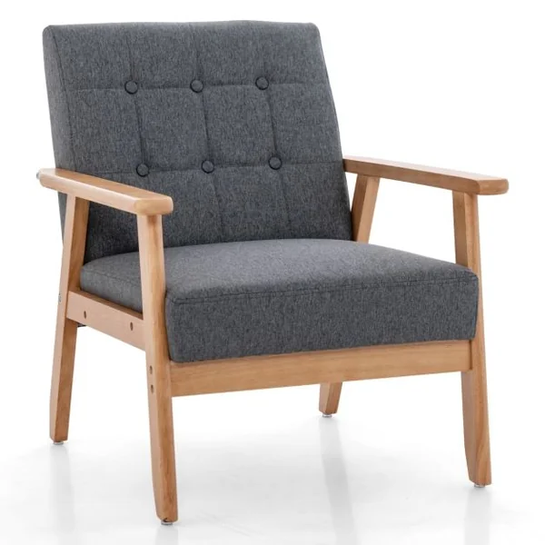 Fauteuil d'Accent Moderne du Milieu du Siècle Fauteuil Rembourré Boutonné avec Tissu en Lin Respirant & Cadre en Bois Massif de Hévéa Gris
