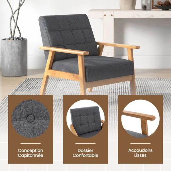 Fauteuil d'Accent Moderne du Milieu du Siècle Fauteuil Rembourré Boutonné avec Tissu en Lin Respirant & Cadre en Bois Massif de Hévéa Gris