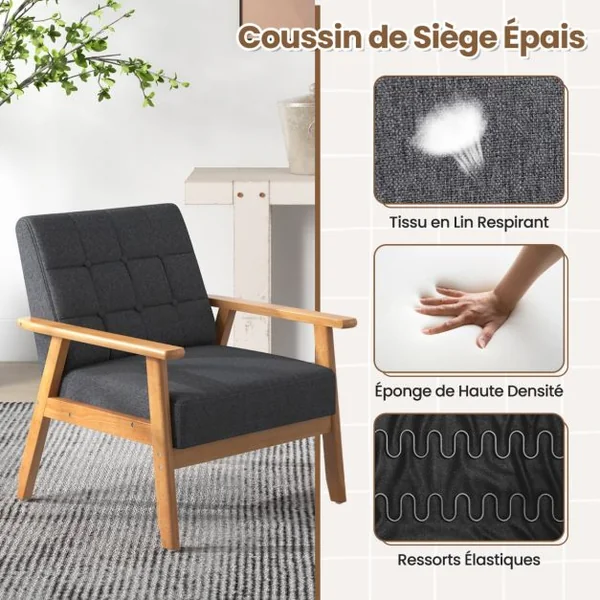 Fauteuil d'Accent Moderne du Milieu du Siècle Fauteuil Rembourré Boutonné avec Tissu en Lin Respirant & Cadre en Bois Massif de Hévéa Gris