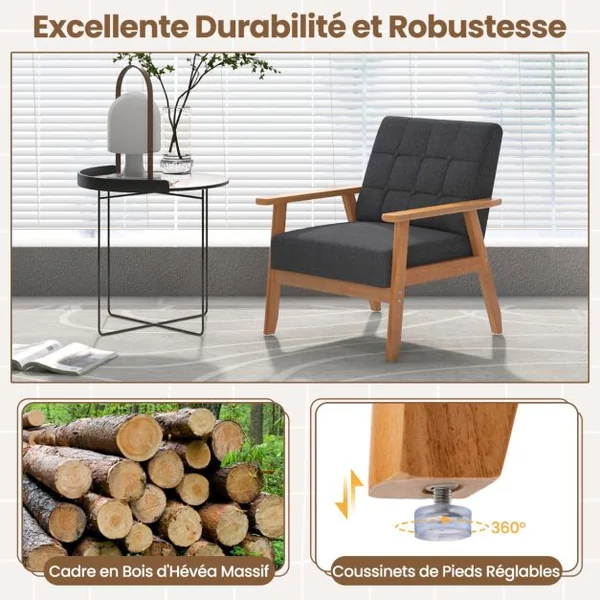 Fauteuil d'Accent Moderne du Milieu du Siècle Fauteuil Rembourré Boutonné avec Tissu en Lin Respirant & Cadre en Bois Massif de Hévéa Gris