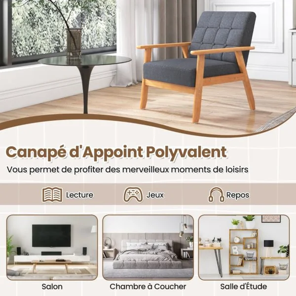 Fauteuil d'Accent Moderne du Milieu du Siècle Fauteuil Rembourré Boutonné avec Tissu en Lin Respirant & Cadre en Bois Massif de Hévéa Gris
