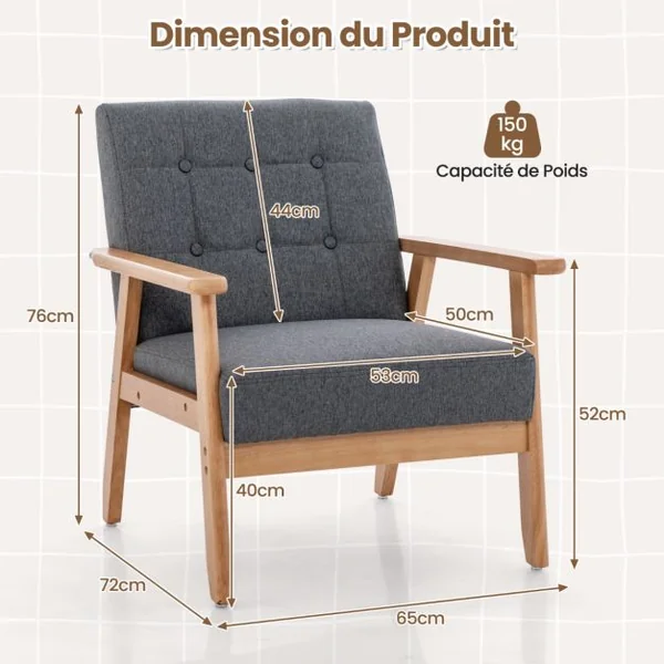 Fauteuil d'Accent Moderne du Milieu du Siècle Fauteuil Rembourré Boutonné avec Tissu en Lin Respirant & Cadre en Bois Massif de Hévéa Gris