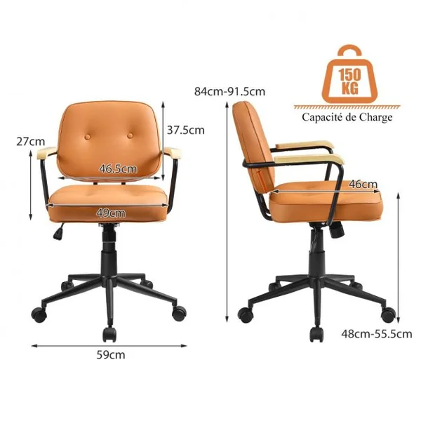 Fauteuil de Bureau - Dossier à Bascule - Accoudoir Ergonomique en PU Hauteur d’Assise Réglable 48 - 55,5 CM Orange