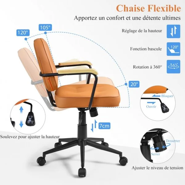 Fauteuil de Bureau - Dossier à Bascule - Accoudoir Ergonomique en PU Hauteur d’Assise Réglable 48 - 55,5 CM Orange