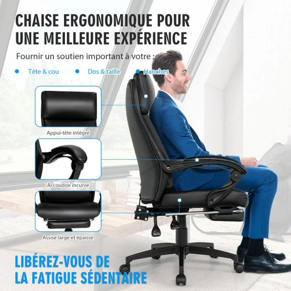 Fauteuil de Bureau Pivotant Dossier Inclinable Ergonomique avec Repose-Pieds Réglable en Hauteur 62 x 71,5 x 109-119 cm Noir