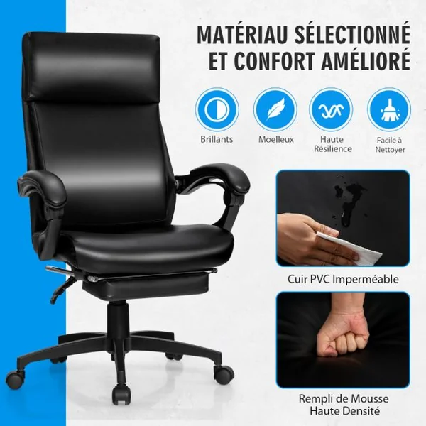 Fauteuil de Bureau Pivotant Dossier Inclinable Ergonomique avec Repose-Pieds Réglable en Hauteur 62 x 71,5 x 109-119 cm Noir