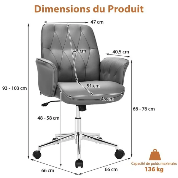 Fauteuil de Bureau à Bascule Moderne Pivotante en Similicuir Ultra Souple Hauteur Réglable Gris