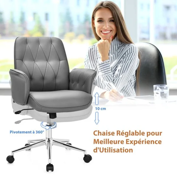 Fauteuil de Bureau à Bascule Moderne Pivotante en Similicuir Ultra Souple Hauteur Réglable Gris