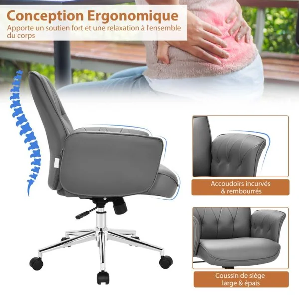 Fauteuil de Bureau à Bascule Moderne Pivotante en Similicuir Ultra Souple Hauteur Réglable Gris