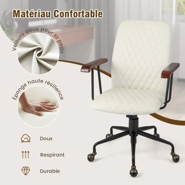 Fauteuil de Bureau à Roulette en Velours Style Vintage Elégant Chaise Pivotante Réglable Vert/Orange/Beige/Noir/Gris