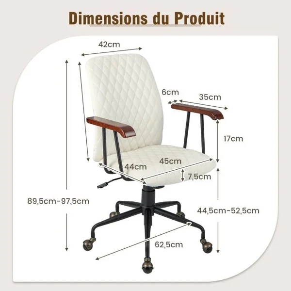 Fauteuil de Bureau à Roulette en Velours Style Vintage Elégant Chaise Pivotante Réglable Vert/Orange/Beige/Noir/Gris