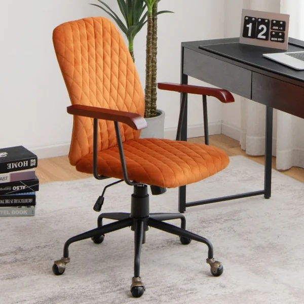 Fauteuil de Bureau à Roulette en Velours Style Vintage Elégant Chaise Pivotante Réglable Vert/Orange/Beige/Noir/Gris