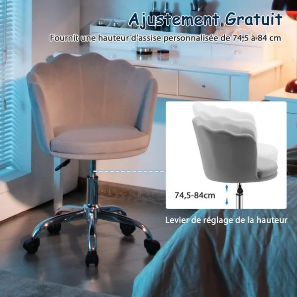 Fauteuil de Bureau à Roulettes Chaise de Coiffeuse - Velours - Hauteur Réglable H 74,5-84 CM - Forme de Pétale Gris