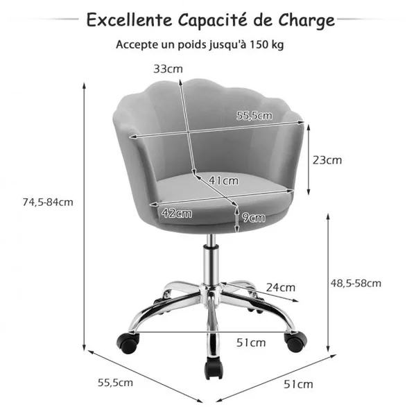 Fauteuil de Bureau à Roulettes Chaise de Coiffeuse - Velours - Hauteur Réglable H 74,5-84 CM - Forme de Pétale Gris
