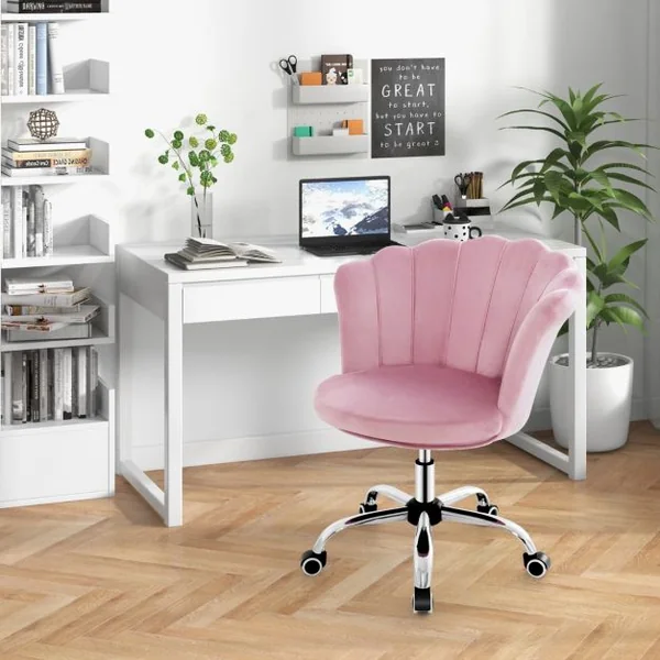 Fauteuil de Bureau à Roulettes Chaise de Coiffeuse Velours Hauteur Réglable H 74-82 CM Forme de Pétale Bleu/Gris/Rose