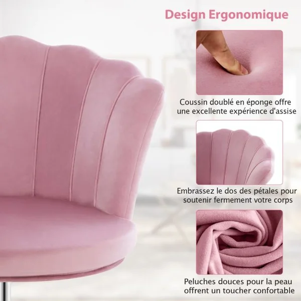 Fauteuil de Bureau à Roulettes Chaise de Coiffeuse Velours Hauteur Réglable H 74-82 CM Forme de Pétale Bleu/Gris/Rose