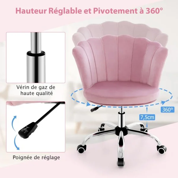 Fauteuil de Bureau à Roulettes Chaise de Coiffeuse Velours Hauteur Réglable H 74-82 CM Forme de Pétale Bleu/Gris/Rose